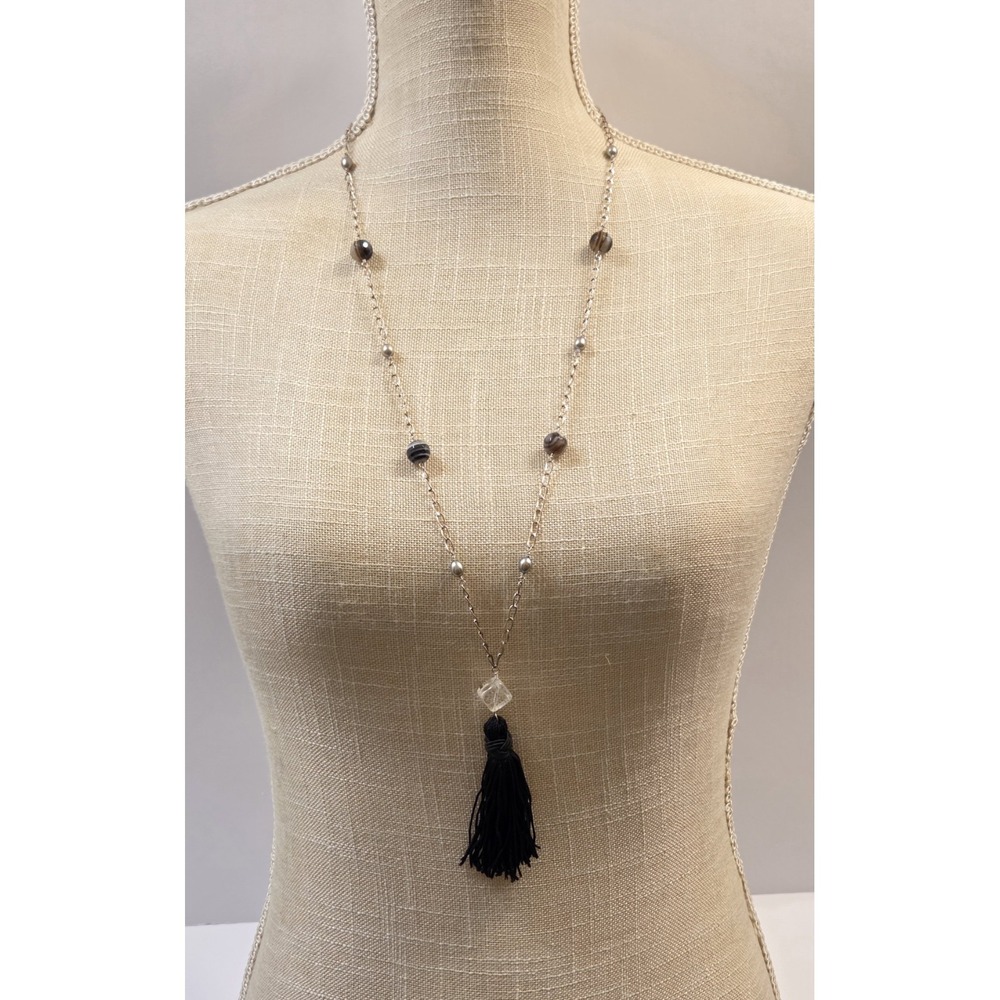 Long Vintage Sterling Silver Agate & Pearl Tassel Necklace 31"